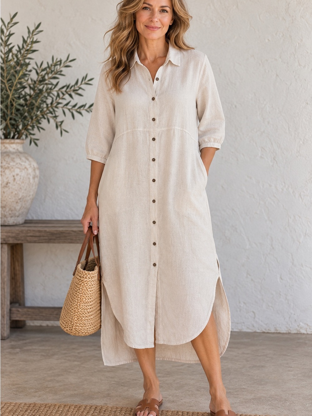 Francesca Bettini Linen Dress Womens M Ivory Button Front